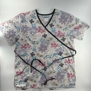 Women’s Floral V-Neck 2 Pocket Scrub Top with Black Tie Front